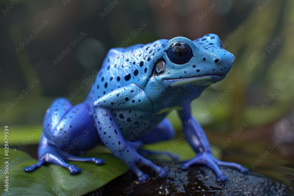 Canvas Prints A blue frog perched on a green leaf, suitable for nature and wildlife themes