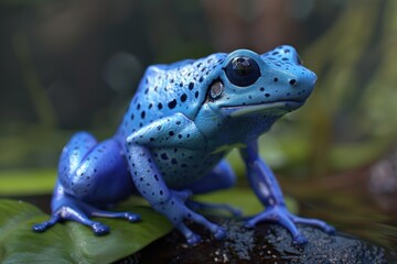 A blue frog perched on a green leaf, suitable for nature and wildlife themes