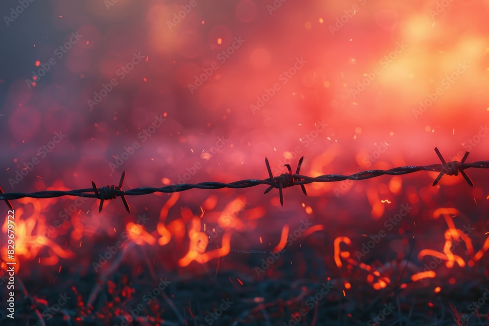 Poster a dramatic image of a barbed wire fence in front of a blazing fire. perfect for illustrating danger 