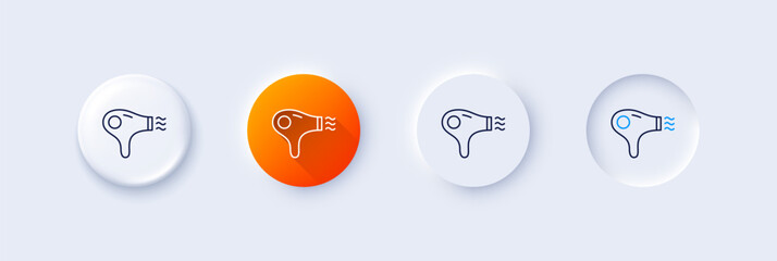 Hair dryer line icon. Neumorphic, Orange gradient, 3d pin buttons. Hairdryer sign. Hotel service symbol. Line icons. Neumorphic buttons with outline signs. Vector