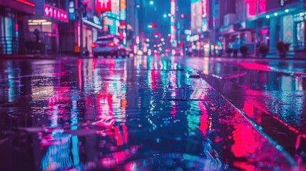 Luminescent neon lights reflecting in rain-soaked city streets at dusk