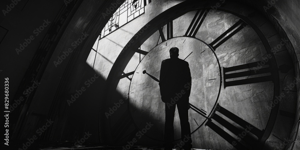 Fototapete a man standing in front of a large clock. suitable for time management concepts