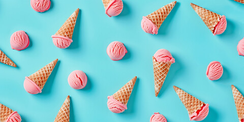 Top view of a pattern with pink ice cream scoops and waffle cones, set on a refreshing aqua blue background - Powered by Adobe