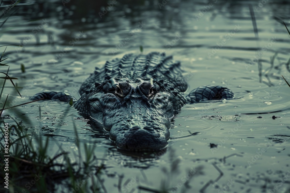 Poster a large alligator floating in a body of water. suitable for nature and wildlife themes