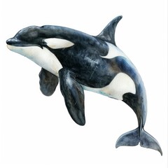 Ultra realistic watercolor style illustration of beautiful killer whale, high detailed, isolated on white