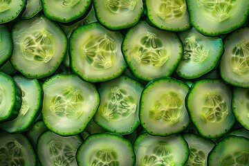 Freshly sliced cucumbers arranged in a neat stack. Ideal for food and nutrition concepts - Powered by Adobe