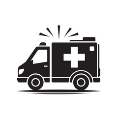 Flat Design Ambulance Icon: Black and White Minimalist Illustration with Siren Lights for Emergency Response. Silhouette of an Ambulance on A white background.