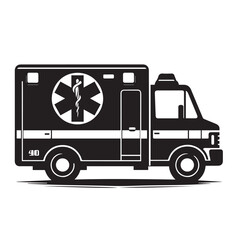 "Retro Silhouette Ambulance: Monochrome Side View Illustration with Medical Symbol in Vector Art. Silhouette of an Ambulance on A white background.