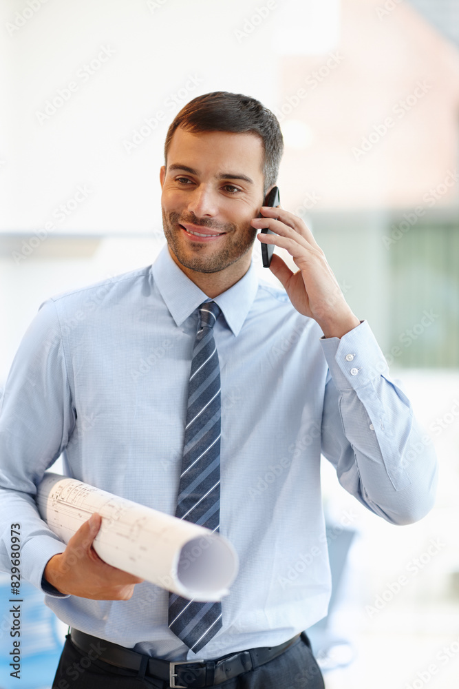 Poster Phone call, blueprint or happy man engineer talking to office project, conversation or deal communication. Architect, smile or financial advisor networking for investment, b2b negotiation or planning