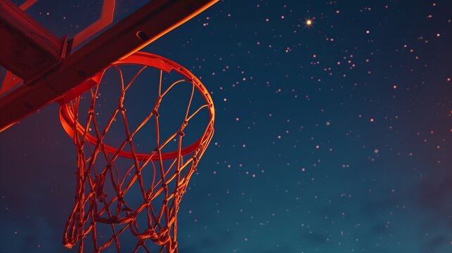 basketball basket with a ball, summer night vibe, sunset starry sky with a small moon in the distance, bottom view, copyspace
