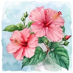 Two pink hibiscus flowers in bloom, with green leaves and buds, against a watercolor blue sky background.