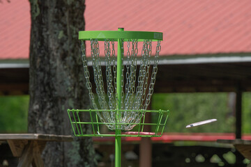 frisbee golf selective focus fun activity basket copy space background image 
