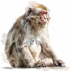 Ultra realistic watercolor style illustration of beautiful Japanese macaque, high detailed, isolated on white
