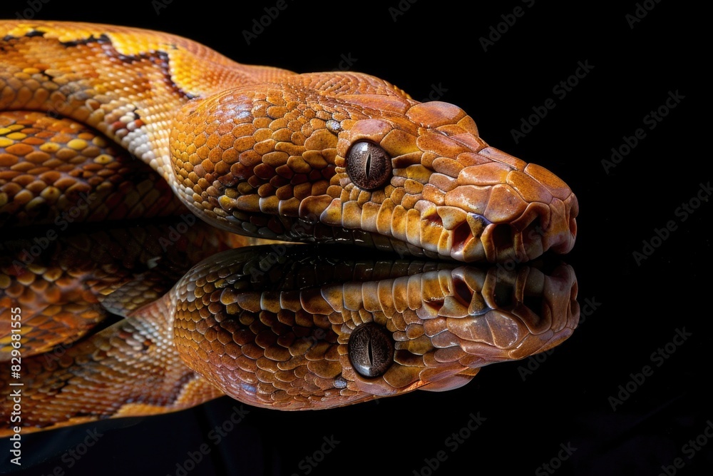 Sticker Close up of a snake on a reflective surface, suitable for nature or wildlife themes