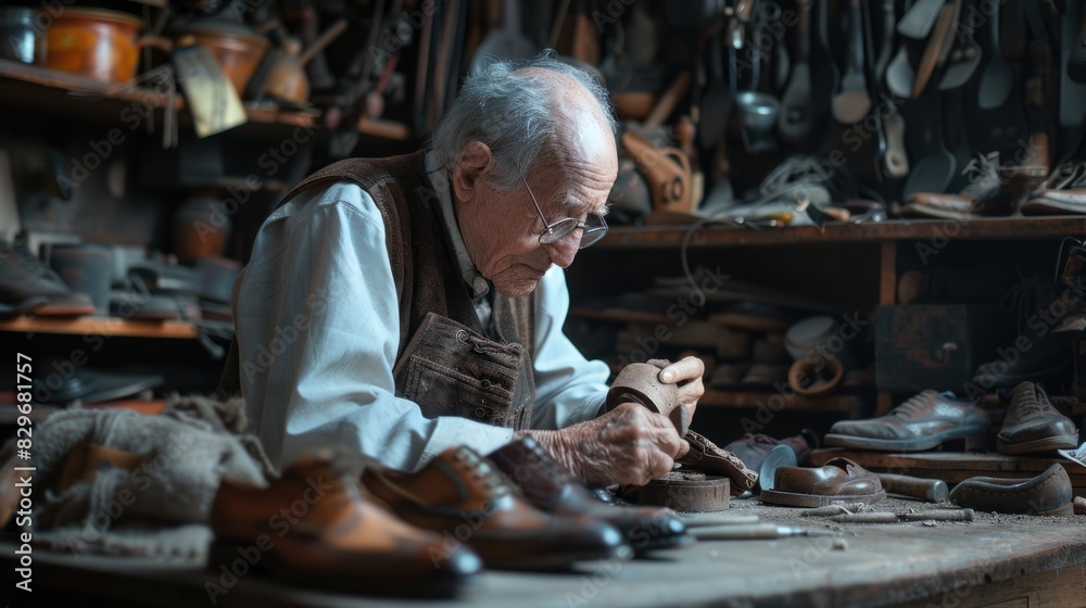 Aufkleber a man repairing a shoe in a shoe shop. ideal for business and craftsmanship concepts