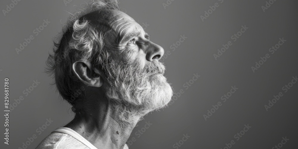 Poster a striking black and white photo of a man with a beard. ideal for various creative projects
