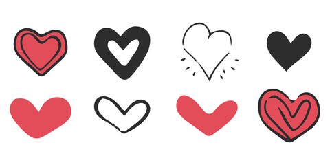 Doodle heart icon set, Valentine day scribble romantic sign, sketch love vector hand drawn shapes. Romance and love illustration