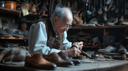 A man repairing a shoe in a shoe shop. Ideal for business and craftsmanship concepts