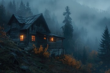 A cabin in the middle of a dark forest, suitable for various outdoor themes