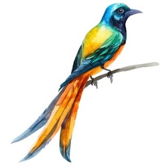 Ultra realistic watercolor style illustration of beautiful paradise bird, high detailed, isolated on white