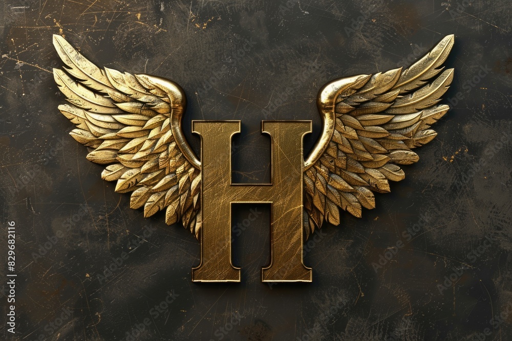 Poster Golden letter H with wings on a dark black background. Suitable for branding and design projects