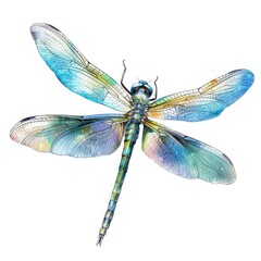 Ultra realistic watercolor style illustration of beautiful dragonfly, high detailed, isolated on white
