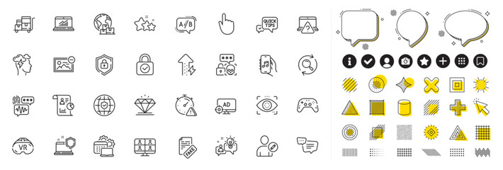 Set of Online question, Attention and Diamond line icons for web app. Design elements, Social media icons. Remove image, Eye detect, Seo adblock icons. Software, Shield, Report signs. Vector