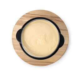 Fondue pot with tasty melted cheese isolated on white, top view
