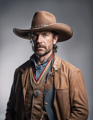 Fototapeta premium Portrait of wild west sheriff with traditional clothes, isolated white background 