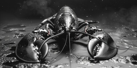 A black and white photo of a lobster in the water. Suitable for seafood industry promotions