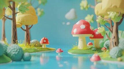 Cheerful natural scene with whimsical pond, scattered mushrooms, and lush trees in a vibrant, playful clay animation style.