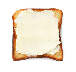 Piece of toasted bread with butter isolated on white, top view