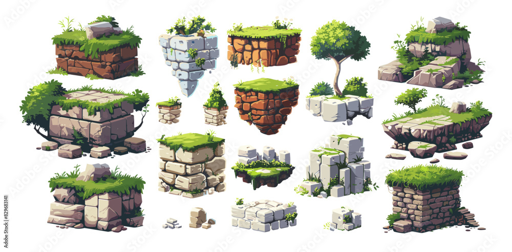 Sticker ground platforms cartoon vector set. mountain stones bricks block granite earth chunks trees grass l