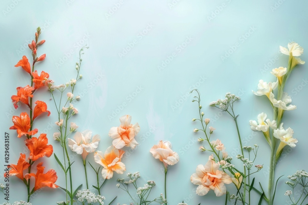 Poster vibrant orange and white flowers set against a striking blue backdrop. ideal for adding a pop of col
