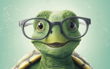 Obraz premium Delightful green turtle with adorable glasses
