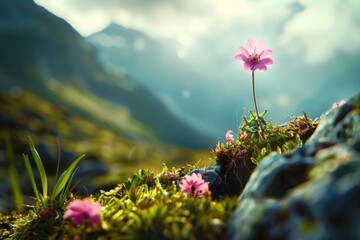 Small pink flower growing out of a moss covered hillside. Suitable for nature and gardening themes - Powered by Adobe