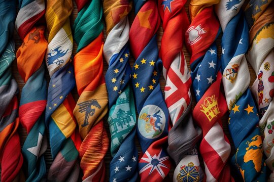 A textured display of various international flags twisted together representing global unity