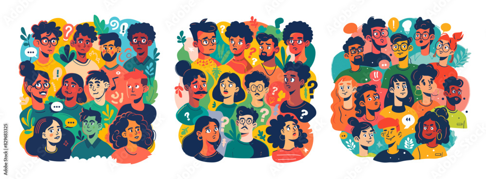 Wall mural group communication online cartoon vector concepts. men women avatars heads faces, questions answers