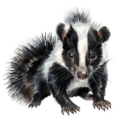 Ultra realistic watercolor style illustration of beautiful skunk, high detailed, isolated on white