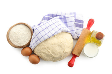 Raw dough and ingredients isolated on white, top view