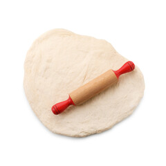 Raw dough and rolling pin isolated on white, top view