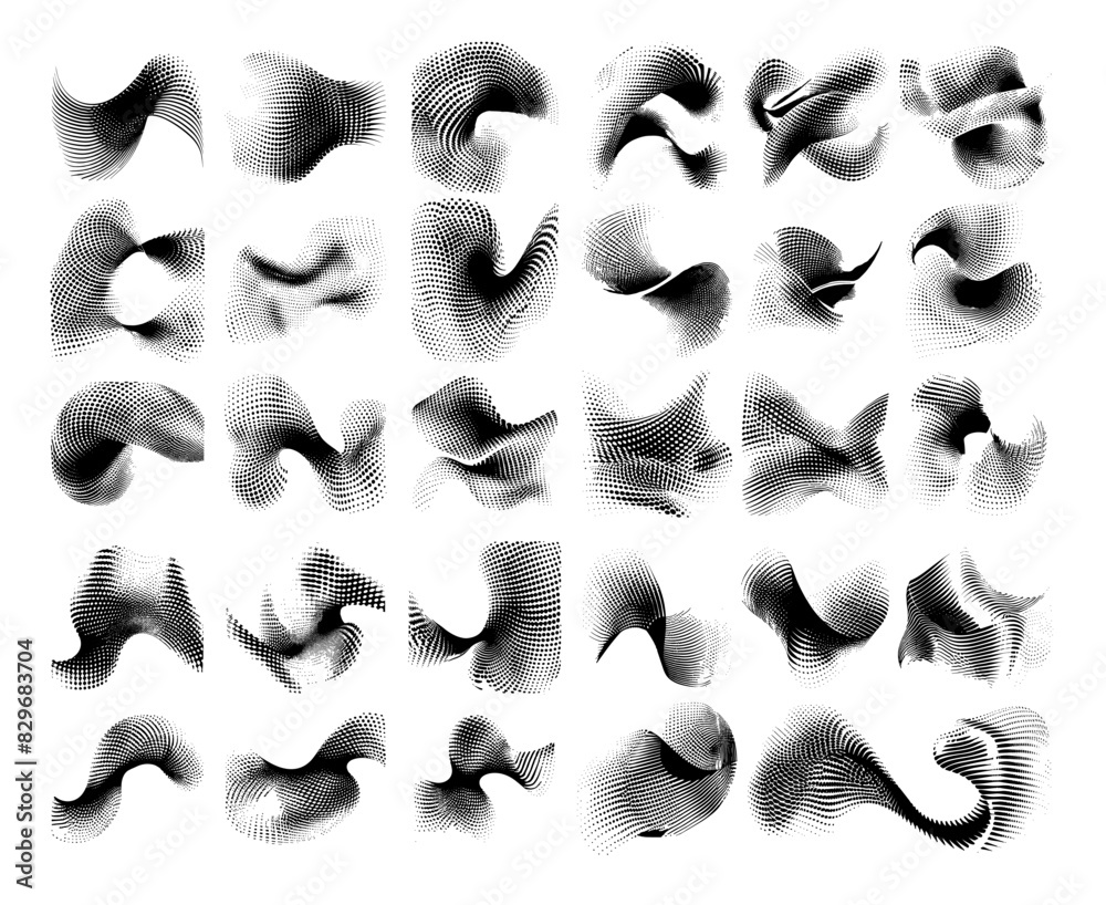 Canvas Prints halftone waves black vector set. curved particles dots liquid smooth shapes swirled visor textures, 