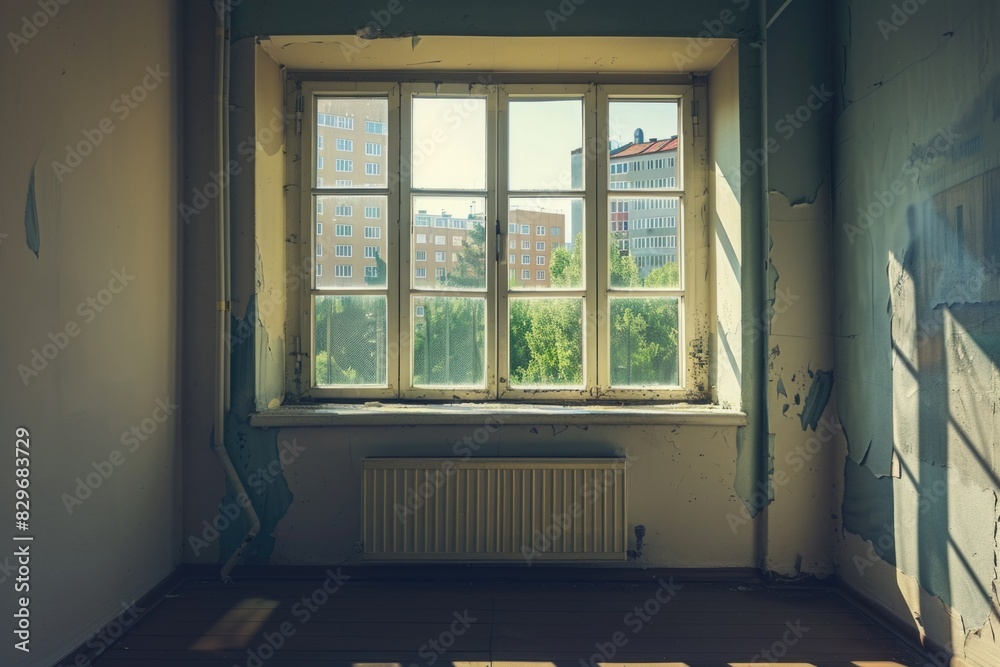 Poster a room with a window and a radiator, suitable for interior design projects