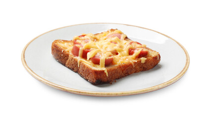 Plate with tasty pizza toast isolated on white