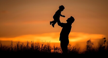 Silhouette of a father lifting his son in the air against a sunset sky background, connection, bonding, support, father day, parenthood and love concept