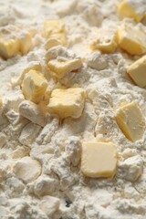 Making shortcrust pastry. Flour and butter, closeup