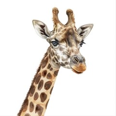 Ultra realistic watercolor style illustration of beautiful giraffe, high detailed, isolated on white