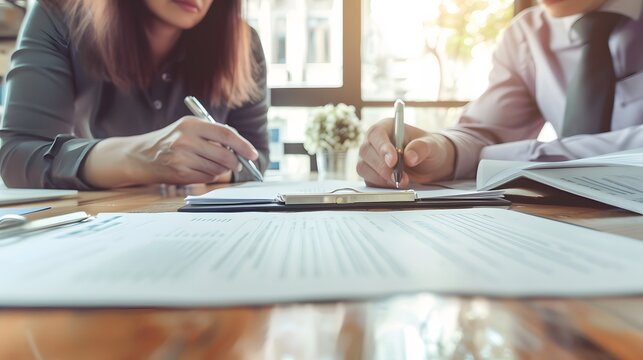 Two business colleagues negotiating contract terms, with intense focus and detailed paperwork in a minimalist office