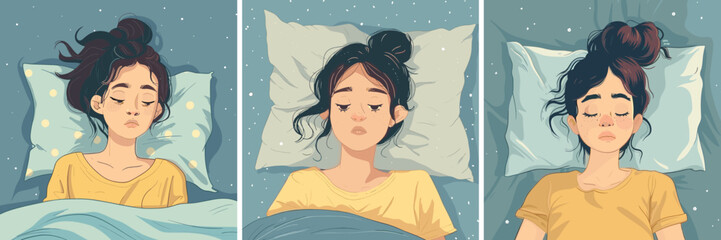 Insomnia cartoon vector concepts. Girl bed lying half open eyes disheveled hair pajamas pillow trying to sleep, exhausted, sad character rest problems illustrations