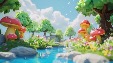 Cheerful natural scene with whimsical pond, scattered mushrooms, and lush trees in a vibrant, playful clay animation style.